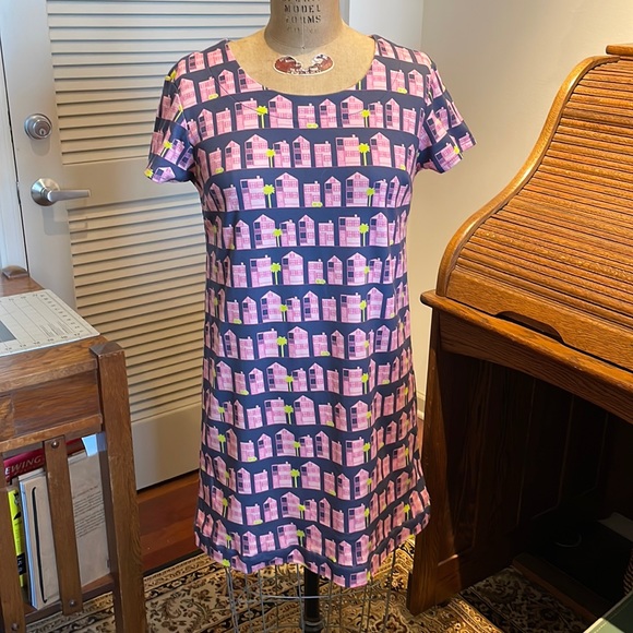 House Hunting print shift dress, pink houses on blue, designed by Borough - Picture 1 of 7